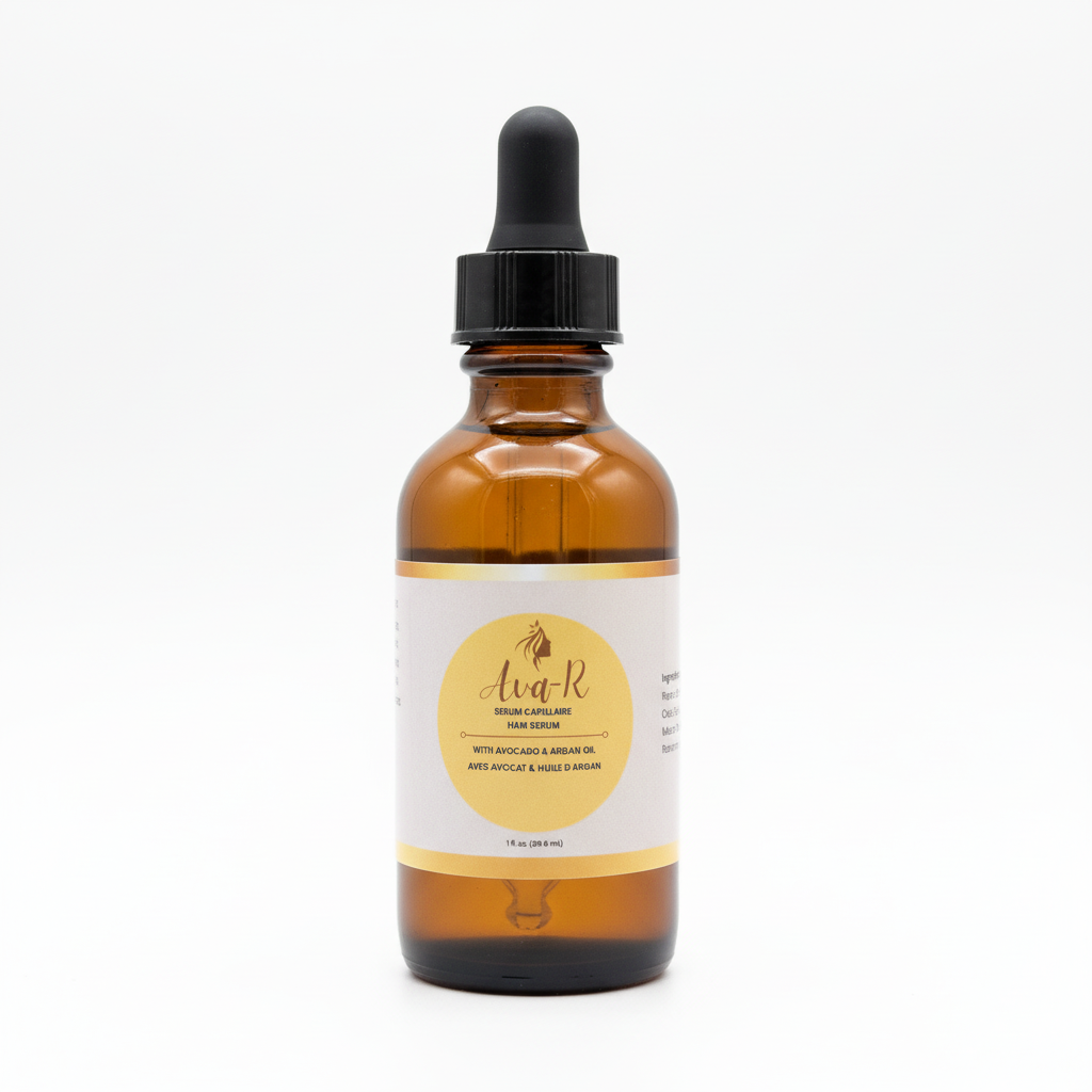 Sérum capillaire Ava-R avec étiquette visible - avocat et argan