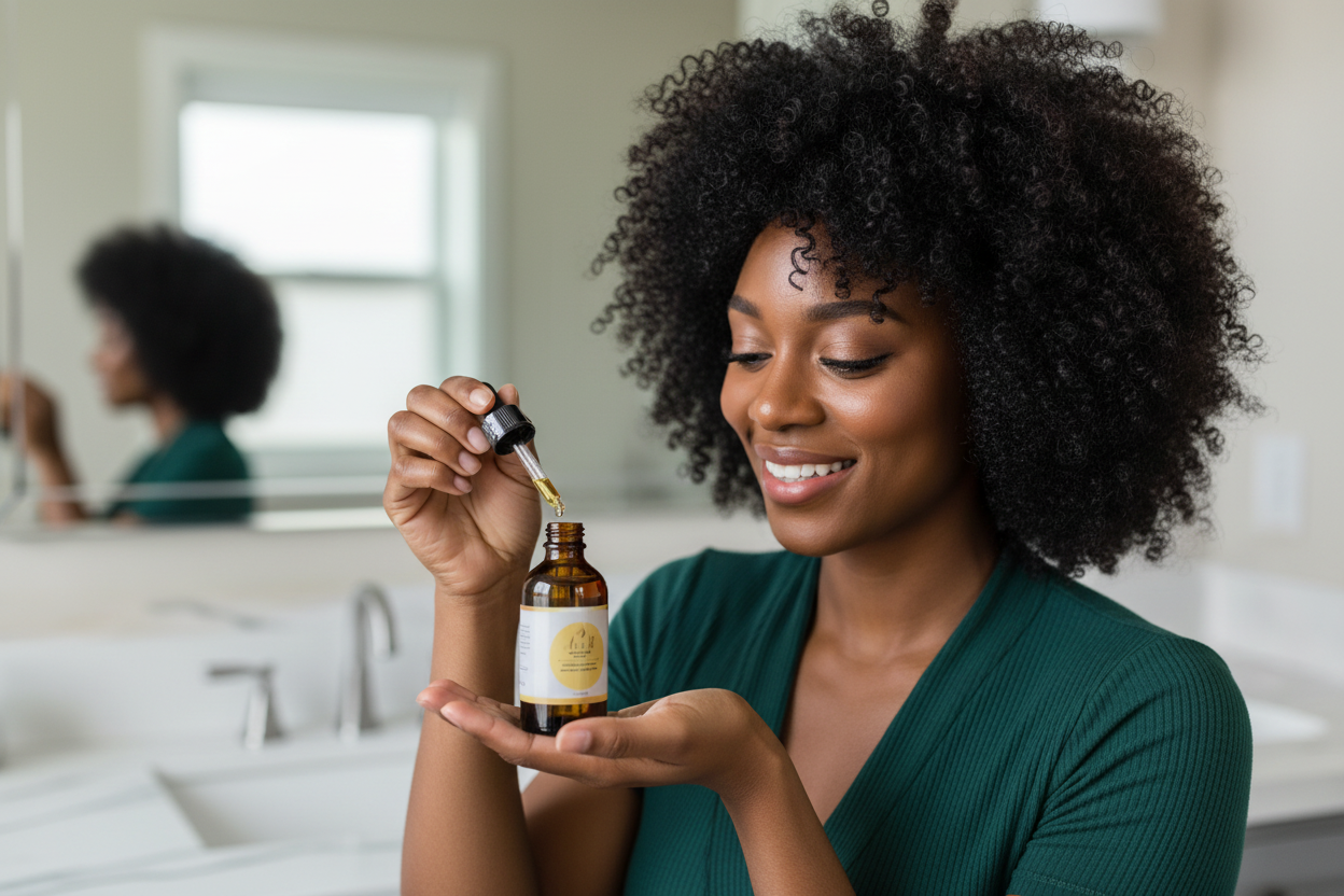 Application du sérum Ava-R sur cheveux afro